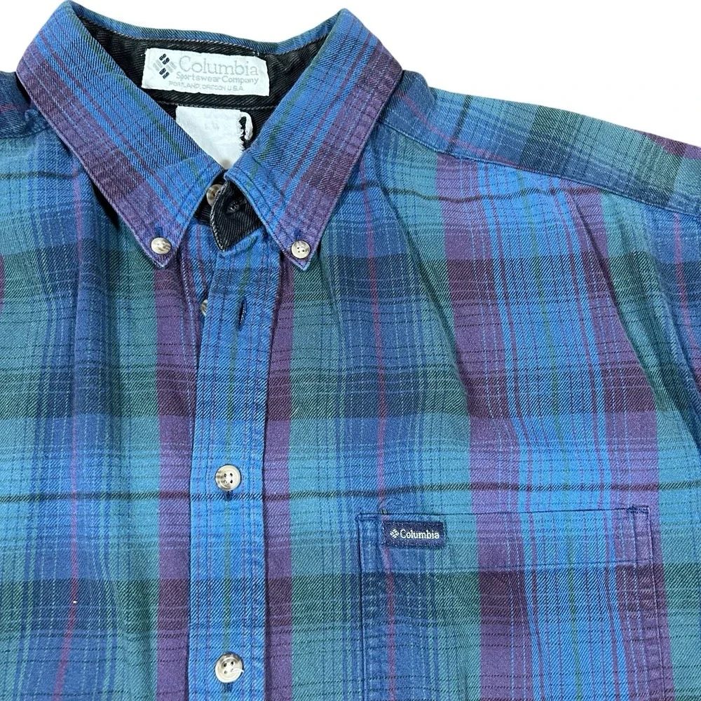 VTG 90s Columbia‎ Blue Plaid Flannel Button Down Shirt Men's L Oversized Grunge